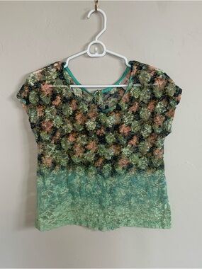 Y2K Sheer Floral Mesh Watercolor Lace Button Back Cap Sleeve Juniors Top Size M
